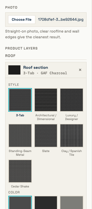 Material color selector showing named manufacturer colors in a grid