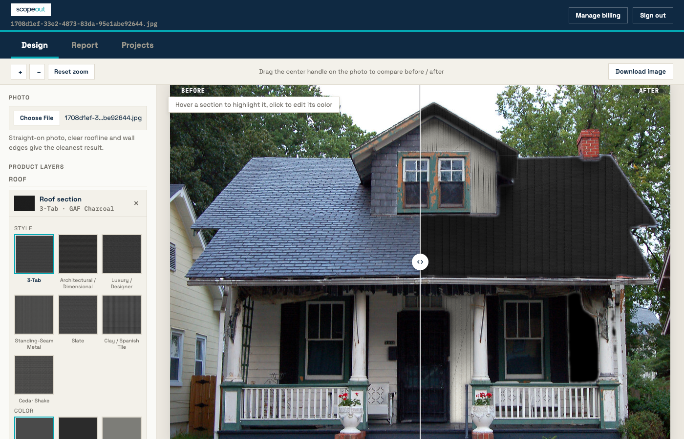 Scopeout showing a before/after roof and siding recolor on a real house photo